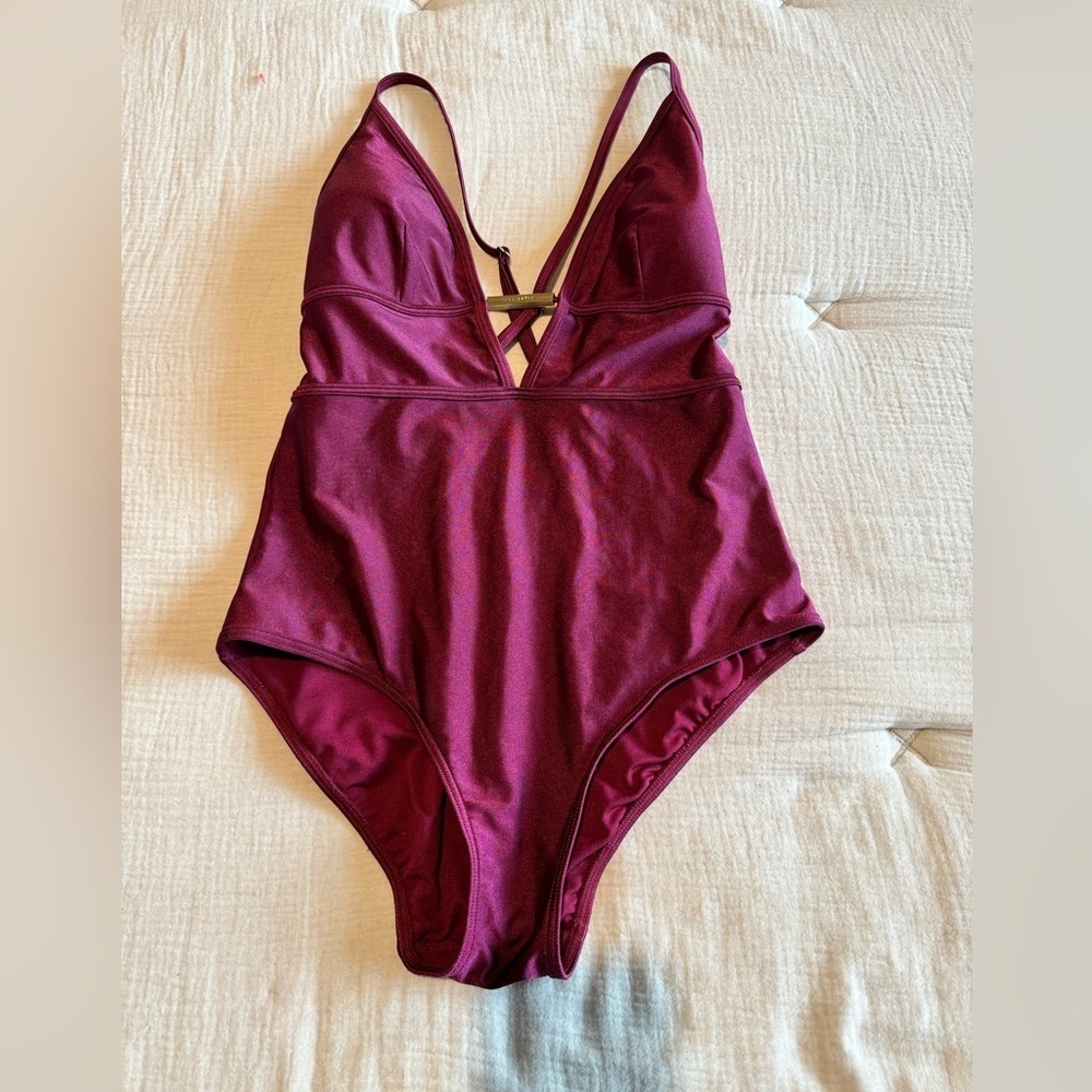 Ted Baker Women's Red Marron One Piece Swimsuit Gold Accent Plunge